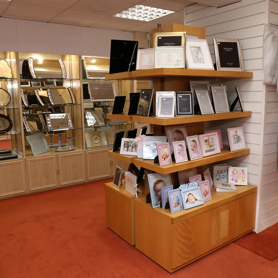 Gift frames and keepsakes displayed in store